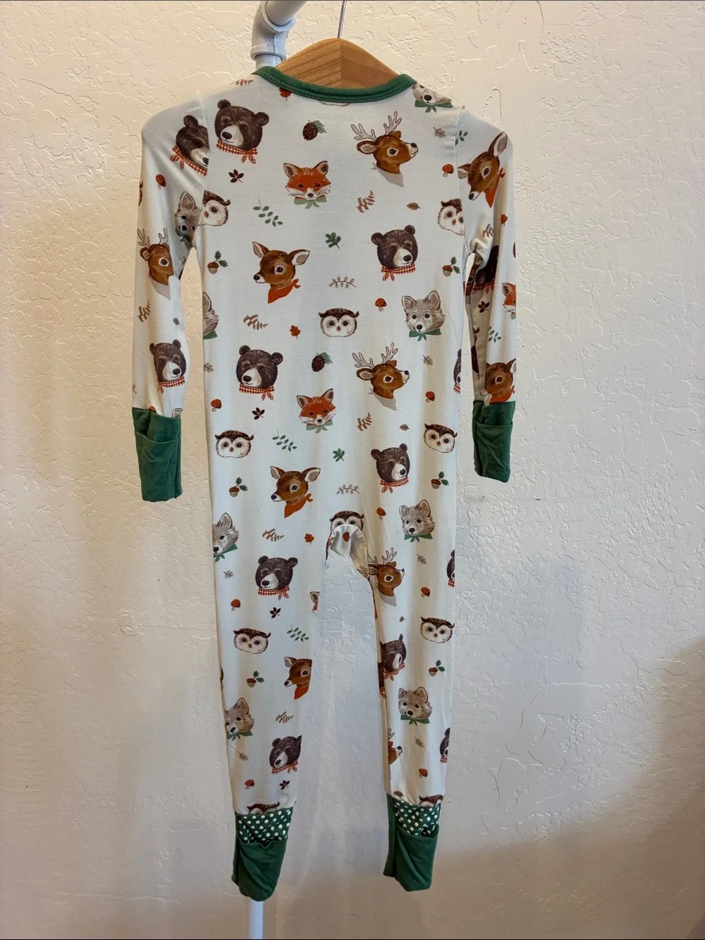 Angel Dear Cream Woodland Animal Zip One-Piece Pajamas with Green Trim